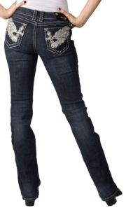 Grace in LA® Women's Large Winged Cross w/ Crystals Open Pocket Boot Cut Jean