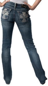 Grace in LA® Women's Large White Embroidered Cross with Studs & Crystals Flap Pocket Boot Cut Jean