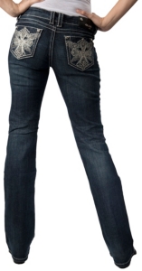 Grace in LA® Women's White Cross with Wings with Studs and Crystals Open Pocket Boot Cut Jean