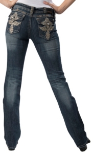 Grace in LA® Women's Dark Denim w/ Gold Winged Cross & Crystals Flap Pocket Boot Cut Jean