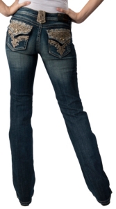 Grace in LA® Women's Gold Lace and Crystals Flap Pocket Boot Cut Jean