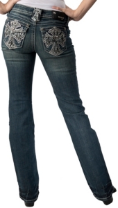 Grace in LA® Women's White with Black Lace Cross and Crystals Flap Pocket Boot Cut Jean