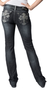 Grace in LA® Women's Embroidered Cross w/ Scattered Crystals Flap Pocket Boot Cut Jean
