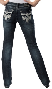 Grace in LA® Women's Dark White Leather w/ Embroidery & Crystals Flap Pocket Boot Cut Jean