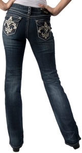 Grace in LA® Women's Large White Leather & Embroidered Fleur de Lis Flap Pocket Boot Cut Jean