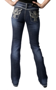 Grace in LA® Women's Winged Cross and Crystals Flap Pocket Boot Cut Jean
