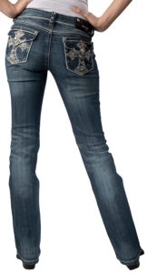 Grace in LA® Women's White Embroidered Floral Cross with Crystals Flap Pocket Boot Cut Jean