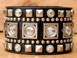 Wear N.E. Wear® Black Leather w/ Pyramid Studs &  Crystals Snap Bracelet
