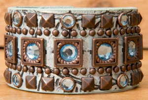 Wear N.E. Wear® Metallic Turquoise Leather w/ Pyramid Studs & Crystals Snap Bracelet