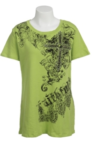 Katydid Collection Women's Lime Green Embellished Filigree Cross Short Sleeve Tee