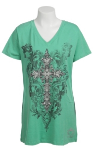 Katydid Collection Women's Mint Embellished Cross with Rhinestones Short Sleeve Tee