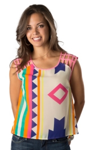 Karlie® Women's Bright Aztec with Pink Basket Sleeves Hi-Lo Fashion Tank Top