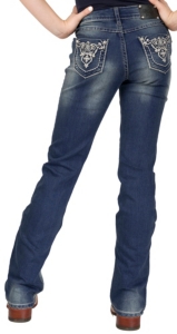Wired Heart® Girl's Scrolled Embroidery with Crystals Open Pocket Boot Cut Jeans