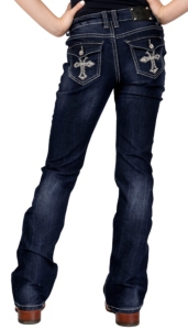 Wired Heart® Girl's Embroidered Cross with Crystals Flap Pocket Boot Cut Jeans