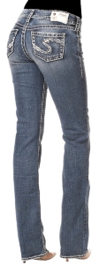 Silver Jeans® Women's Suki Mid Rise w/ Crystal Open Pocket Bootcut Relaxed Curvy Fit Jeans
