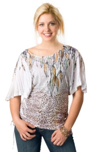 Panhandle Slim® Ladies White, Gold and Green Leopard and Feathers Print Kimono Sleeve Fashion Top