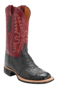 Lucchese® Cowboy™ Mens Black Full Quill Ostrich Red Top Square Toe Crepe Exotic Boot