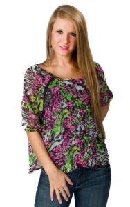Rock 47™ by Wrangler® Women's Pink and Green with Zebra Print Short Sleeve Chiffon Top