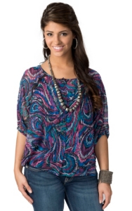 Rock 47™ by Wrangler® Women's Blue and Pink with Black Lace Short Sleeve Chiffon Fashion Top