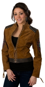 Cripple Creek® Women's Acorn Brown w/ Top Stitched & Studded Indian Motif Appliqué Genuine Leather Jacket