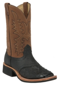 Larry Mahan® Mens Black Full Quill Ostrich w/Tan Top Exotic Square Toe Crepe Boot