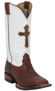 Larry Mahan® Men's Redwood Rowdy w/ Brown Cross on White Top Square Toe Western Boot