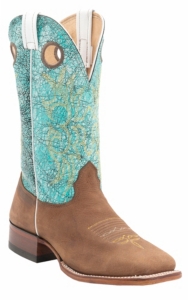 Larry Mahan® Mens Tan Prosper Brown w/Cracked Light Blue Acid Wash Top Double Welt Square Toe Boots