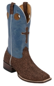 Larry Mahan® Men's Crinkle Chocolate Bullhide w/ Blue Top & Cross Inlay Double Welt Square Toe Boots