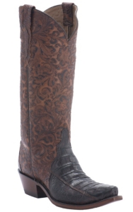 Lucchese® 1883 Women's Chocolate Ultra Caiman Belly w/ Floral Embrossed Top Triad Snip Toe Western Boots