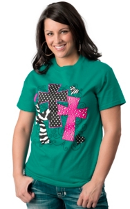 Cattilac Style® Women's Teal with Neon Pink and Black Three Crosses Short Sleeve Tee