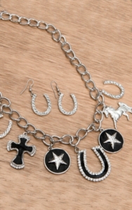 Wear N.E. Wear® Silver Western Charms with Black Hide & Rhinestones Necklace and Earrings Jewelry Set