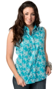 Wrangler® Women's Turquoise with Green Paisley Print Sleeveless Western Shirt