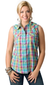Wrangler® Women's Turquoise, Lime Green and Pink with Lurex Sleeveless Western Shirt