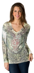 R. Rouge® Ladies Green Winged Rose Embellished V-Neck Long Sleeve Tee