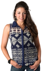 Olive & Oak Women's Navy with Cream Aztec Print Button Down Sleeveless Fashion Top