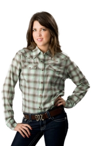 Wrangler® Women's Turquoise and Brown Plaid with Copper Studs Long Sleeves Western Shirt