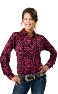Wrangler® Women's Pink and Black Zebra with Sequins Long Performance Sleeve Western Shirt