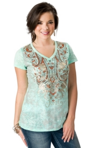 Wrangler® Women's Mint with Orange and Gold Paisley Print Short Sleeve Burnout Tee
