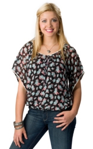 Wrangler® Women's Black with Blue and Pink Floral Print and White Trim Short Sleeve Fashion Top
