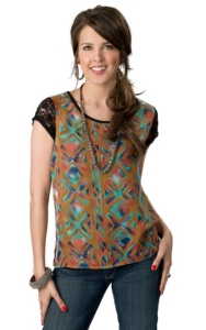 Wrangler® Womens Black with Gold and Turquoise Aztec Design and Lace Short Sleeves Fashion Top