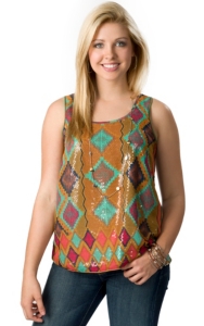 Wrangler® Women's Gold, Pink and Turquoise Aztec Overlay with Sequins Sleeveless Fashion Tank Top