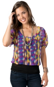 Wrangler® Womens Purple, Blue and Yellow Ikat Print Chiffon Short Sleeve Crop Fashion Top