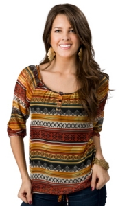 Wrangler® Women's Rust and Green Southwest Print 3/4 Sleeve Sheer Fashion Top