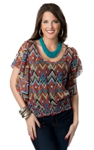 Wrangler® Women's Coral, Turquoise and Lime Diamond Print Smocked Bottom Chiffon Short Sleeve Fashion Top