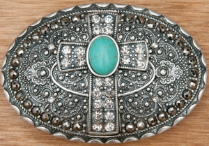 M&F Western Products® Silver and Gold with Turquoise Cross and Crystals Oval Buckle