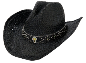 M&F® Black Straw with Green Crystal Cross and Studs Black Band Crushable Hat