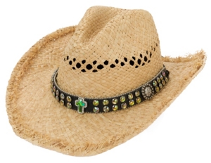 M&F® Vented Straw with Crystals and Cross on Black Band Crushable Hat