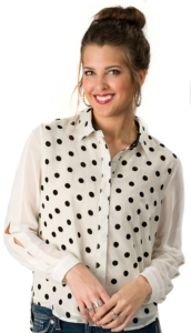 I.Madeline® Women's Off White with Black Polka Dots Long Open Sleeves Button Down Fashion Top