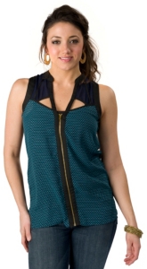 I.Madeline® Women's Black and Navy with Turquoise Geo Print Zipper Front Sleeveless Fashion Top