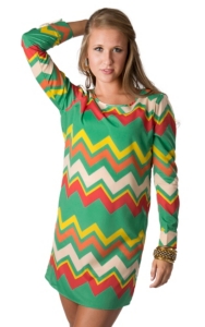 Karlie® Women's Green, Red, Orange and Yellow Chevron Pattern Long Sleeve Shift Dress
